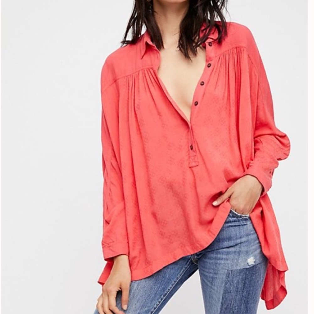 Free People Lovely Day Coral Long Sleeve Tunic Top Size small